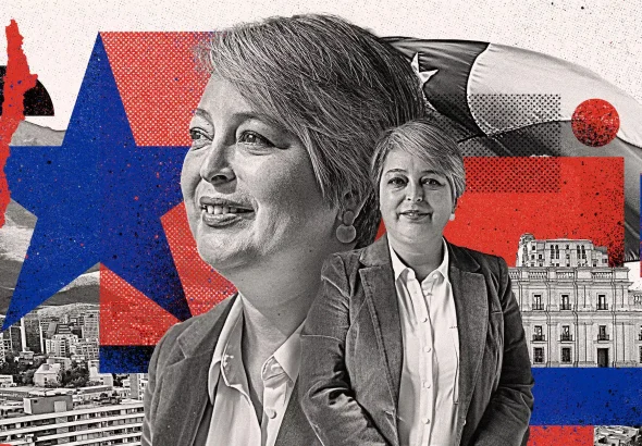 Chilean Communist Party leader Jeannette Jara in a photo composition with sketches of Santiago and the Chilean flag. Photo: Eduardo Ramón/El País.