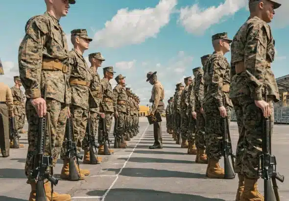 US Marine Corps Staff Sgt. Frantz Gaillou, senior drill instructor for Golf Company, 2nd Recruit Training Battalion, inspects recruits during an initial drill at Marine Corps Recruit Depot, in San Diego, California, March 7, 2025. Photo: U Marines/Zuma Press/ContactoPhoto.