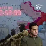 Ukrainian regime president Volodymyr Zelensky with masked fighters in the background, a map showing the war frontlines, and a countdown to ceasefire. Illustration: Mahdi Rtail/Al-Mayadeen English.