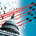 Illustrations portraying the US Capitol and the sky over it showing fighter jets on one side and US dollar signs on the other. Photo: Shonagh Rae/file photo.