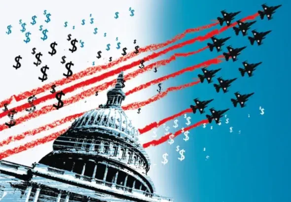 Illustrations portraying the US Capitol and the sky over it showing fighter jets on one side and US dollar signs on the other. Photo: Shonagh Rae/file photo.