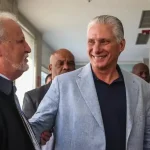 Cuban President Miguel Díaz-Canel (center) next to Brazilian social leader João Pedro Stedile (right). Photo: Priscila Ramos/MST.