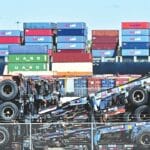 Shipping containers are stacked behind truck flatbeds at the Port of Long Beach, California, on April 2, 2025. Photo: VCG.