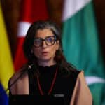 Francesca Albanese addresses emergency conference of the Hague Group on July 15, 2025 in Bogota, Colombia. Photo: Reuters/Luisa González.