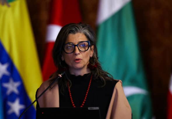 Francesca Albanese addresses emergency conference of the Hague Group on July 15, 2025 in Bogota, Colombia. Photo: Reuters/Luisa González.