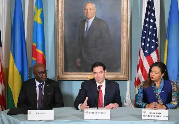 US Secretary of State Marco Rubio during a peace agreement signing ceremony between Democratic Republic of the Congo Foreign Minister Therese Kayikwamba Wagner and Rwandan Foreign Minister Olivier Nduhungirehe in Washington, DC on June 27, 2025. Photo: AFP.