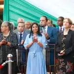 Venezuelan Vice President Delcy Rodríguez during the inauguration of Suriname's Jennifer Geerlings-Simons, wearing a pin with the map of Venezuela including the newly-incorporated state of Guayana Esequiba, on Wednesday, July 16, 2025. Photo: IG/@vicevenezuela.