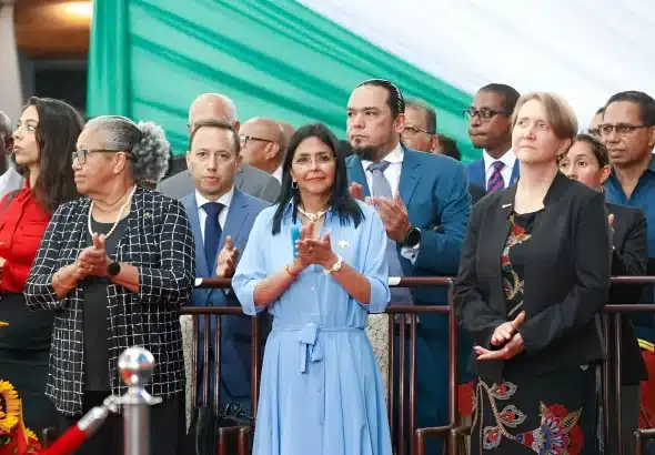 Venezuelan Vice President Delcy Rodríguez during the inauguration of Suriname's Jennifer Geerlings-Simons, wearing a pin with the map of Venezuela including the newly-incorporated state of Guayana Esequiba, on Wednesday, July 16, 2025. Photo: IG/@vicevenezuela.