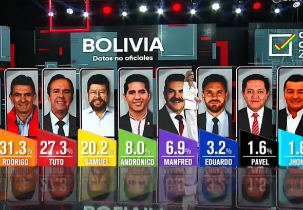 A Bolivian TV network showing unofficial electoral results similar to what was later announced by electoral officials. Photo: Screenshot of Unitel YouTube live broadcast.