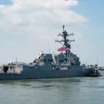 US imperial navy Arleigh Burke-class guided-missile destroyer USS Bainbridge departs Naval Station Norfolk for a regularly scheduled deployment as part of the Gerald R. Ford Carrier Strike Group, June 24, 2025, Norfork, Virginia. Photo: Mc1 Anderson Branch/US Navy/Zuma Press.