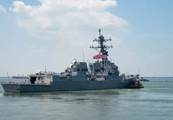 US imperial navy Arleigh Burke-class guided-missile destroyer USS Bainbridge departs Naval Station Norfolk for a regularly scheduled deployment as part of the Gerald R. Ford Carrier Strike Group, June 24, 2025, Norfork, Virginia. Photo: Mc1 Anderson Branch/US Navy/Zuma Press.