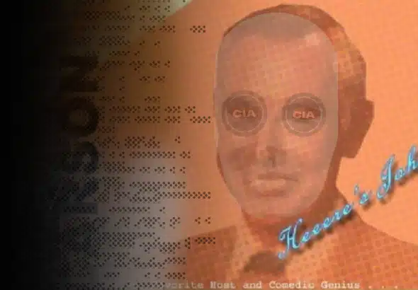 Johnny Carson poster with the abbreviation "CIA" on Carson's eyes. Illustration: MintPress News.