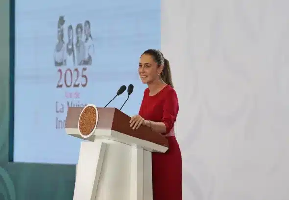 Mexican President Claudia Sheinbaum at her morning press conference, August 15, 2025. Photo: EFE.
