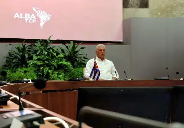 The president of Cuba, Miguel Díaz-Canel, speaks at the 13th Special Summit of the Heads of State and Government of ALBA-TCP. Photo: X/@ALBATCP.