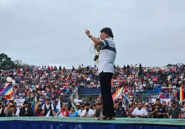 Evo Morales speaks at a rally in Chapare, Cochabamba, June 2025. Photo: Bloomberg.