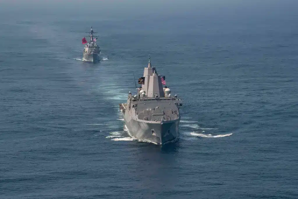 Aerial view of USS New Orleans leading the Arleigh Burke-class guided-missile destroyer USS Rafael Peralta in formation, during a patrol in international waters in the East China Sea, May 24, 2020. Photo: US Navy/File photo.