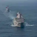 Aerial view of USS New Orleans leading the Arleigh Burke-class guided-missile destroyer USS Rafael Peralta in formation, during a patrol in international waters in the East China Sea, May 24, 2020. Photo: US Navy/File photo.