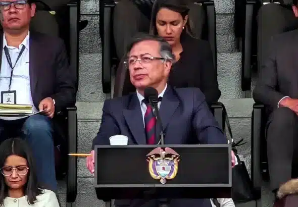 Colombian President Gustavo Petro during a military ceremony at General Santander Military School on Tuesday, August 12, 2025. Photo: Edited screenshot from Colombian Presidency video.