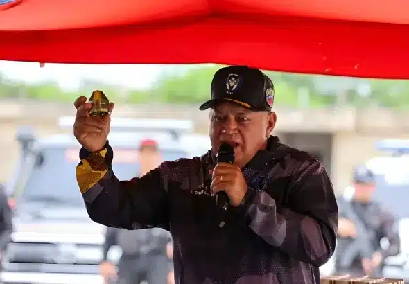 Venezuelan Interior Minister Diosdado Cabello holds up a shaped charge that is used to provide more killing power to explosives. The element was part of a shipment of explosives seized in Maturín, Monagas state, August 9, 2025. Photos: IG/@minjusticia_ve.