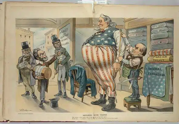 Cartoon "Declined with thanks" (1900) depicting US imperialism. Illustration: J.S. Pughe.
