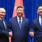 Russian President Vladimir Putin (left), Chinese President Xi Jinping (center), and Mongolian President Ukhnaa Khurelsukh (right). Photo: Sergey Bobylev/Sputnik.