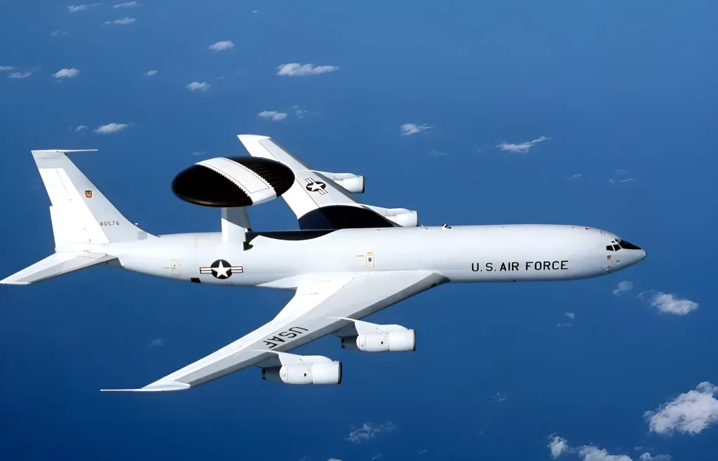 A USAF E-3 Sentry. An airborne warning and control system aircraft that provides all-weather surveillance, command, control, and communications needed by commanders of US and NATO. Photo: USAF/File photo.