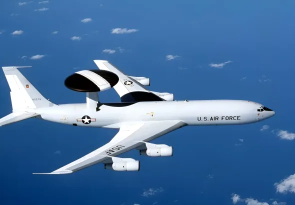 A USAF E-3 Sentry. An airborne warning and control system aircraft that provides all-weather surveillance, command, control, and communications needed by commanders of US and NATO. Photo: USAF/File photo.