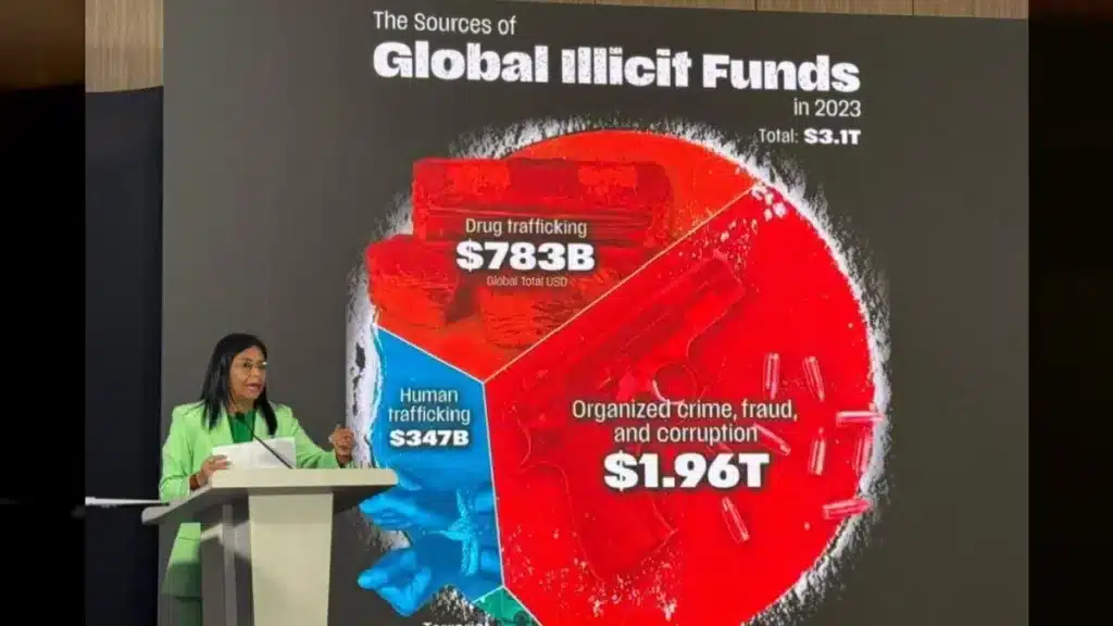 Venezuelan VP Delcy RodrĂguez addressing international media, showing a slideshow about global illicit funds distribution. Caracas, September 8, 2025. Photo: Fausto Torrealba/AVN.
