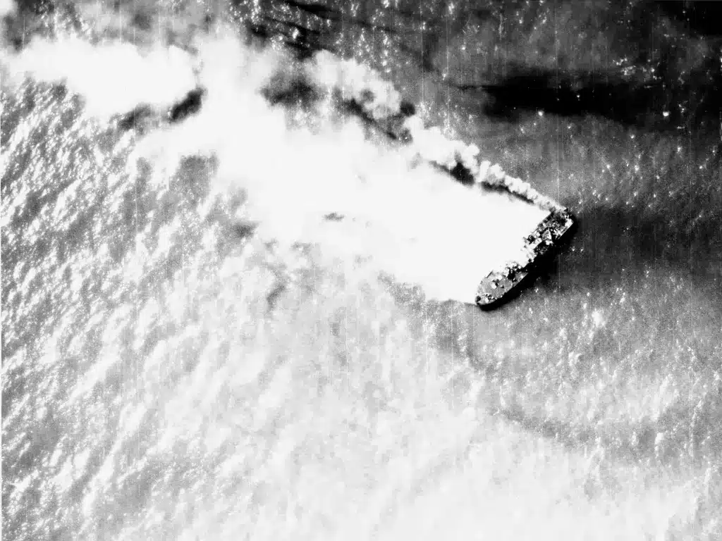 A North Vietnamese Shantou-class gunboat burns near Hon Ne Island, after an attack by aircraft from the US Navy aircraft carrier USS Constellation (CVA-64), off North Vietnam's Lach Chao Estuary, 5 August 1964. Photo: US Navy/Wikipedia/File photo.
