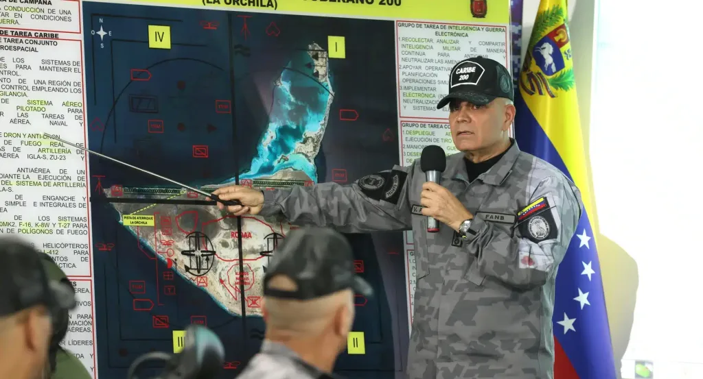 Venezuelan Defense Minister Vladimir Padrino pointing at a map during a military brief on Wednesday, Sept. 17, in Caracas, Venezuela. Photo: Presidential Press via EFE