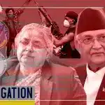 KP Sharma Oli, the former Prime Minister of Nepal, alongside another individual, possibly a political figure, with logos of the CIA and USAID in the background, set against a red-tinted backdrop. Photo: MintPress News.
