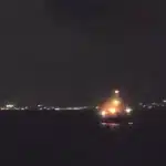 A fire blazes on the deck of the Alma, the largest vessel of the Global Sumud Flotilla, as it docks in Sidi Bou Said, Tunisia, on September 9, 2025. Photo: Social Media.