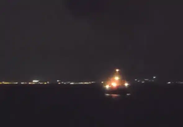 A fire blazes on the deck of the Alma, the largest vessel of the Global Sumud Flotilla, as it docks in Sidi Bou Said, Tunisia, on September 9, 2025. Photo: Social Media.