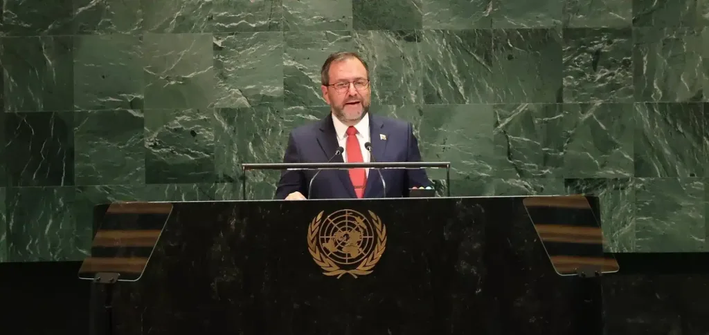 Venezuelan Foreign Minister Yván Gil delivers his speech at the 80th UNGA session, September 26, 2025, at the UN headquarters in New York, USA. Photo: AFP.