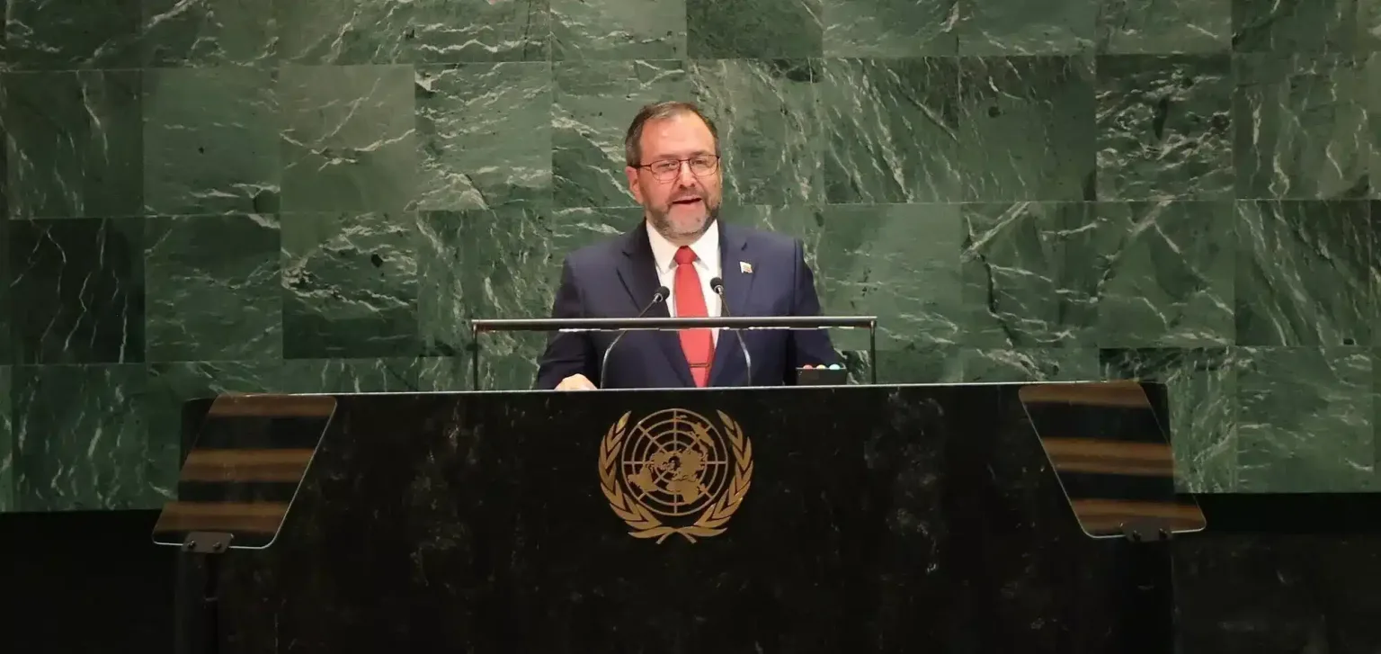 Venezuelan Foreign Minister Yván Gil delivers his speech at the 80th UNGA session, September 26, 2025, at the UN headquarters in New York, USA. Photo: AFP.