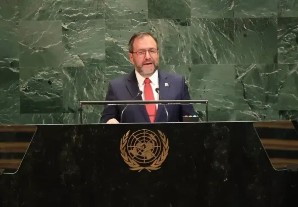 Venezuelan Foreign Minister Yván Gil delivers his speech at the 80th UNGA session, September 26, 2025, at the UN headquarters in New York, USA. Photo: AFP.