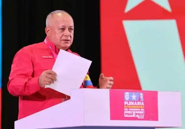PSUV General Secretary Diosdado Cabello at the plenary seesion of the special congress of the party to discuss Venezuela's response to US invasion threats. Photo: Con El Mazo Dando.