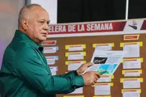 Venezuelan Interior Minister Diosdado Cabello shows on a map the probable zone where the US claims to have blown up a "drug boat" allegedly originating from Venezuela. Photo: Con El Mazo Dando.