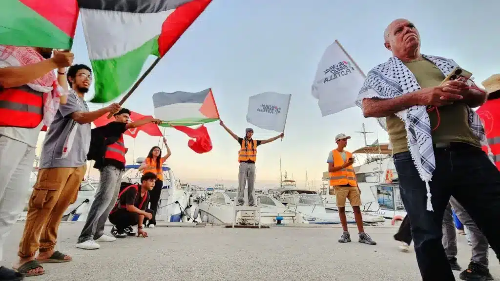 Actions in support of Global Sumud Flotilla ahead of launch, Tunisia, 2025. Photo: Maghreb Sumud Flotilla/Facebook.