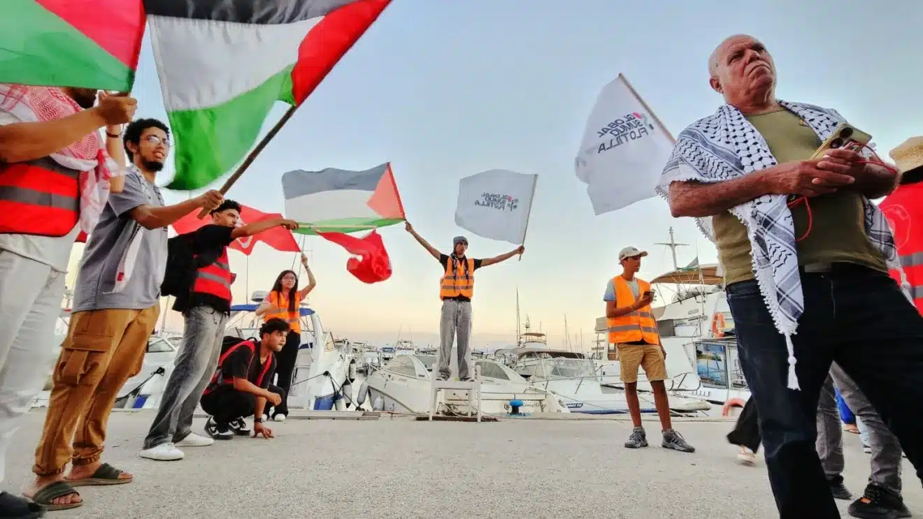 Actions in support of Global Sumud Flotilla ahead of launch, Tunisia, 2025. Photo: Maghreb Sumud Flotilla/Facebook.