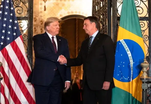 Donald Trump greets Jair Bolsonaro, March 2020. Photo: MRonline/Wikimedia.