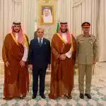 Saudi Arabia’s Crown Prince Mohammed bin Salman (second right), Saudi Arabia’s Defence Minister Khalid bin Salman (left), Pakistan’s Prime Minister Shehbaz Sharif (second left), and Pakistan’s Army Chief Field Marshal Asim Munir (right), pose for photographs after signing a mutual defense pact, in Riyadh, Saudi Arabia, September 17, 2025. Photo: Press Information Department of Pakistan.