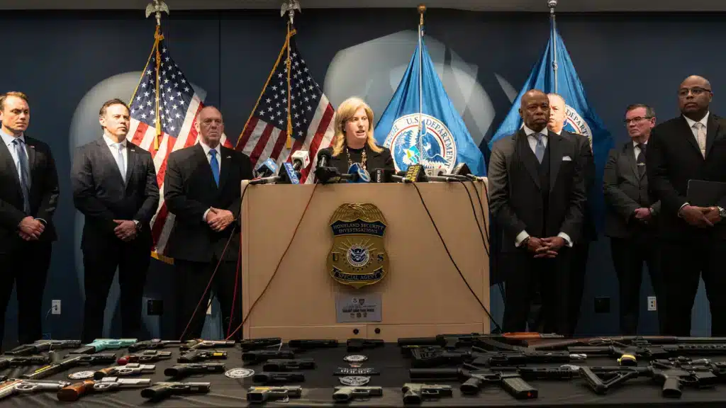 Police Commissioner Jessica Tisch speaks during Homeland Security Investigation announcement of the arrest of alleged Tren De Aragua gang members and seizure of 33 guns at New York office on April 22, 2025. Photo: Lev Radin/AP.