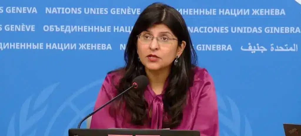 UN OHCHR spokesperson Ravina Shamdasani makes a statement regarding the US Navy blowing up a boat in the Caribbean and allegedly killing 11 people, Geneva, September 5, 2025. Photo: UN News.