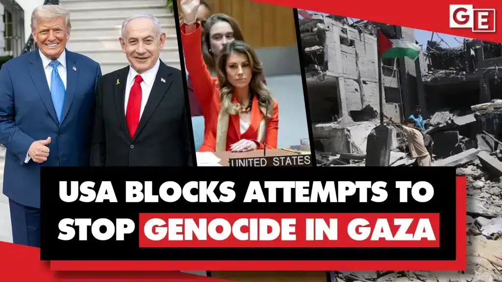 Compilation image showing the West's figureheads, Donald Trump and Benjamin Netanyahu (Left), the UN general assembly (Center) and the carnage in Gaza (Right). Photo: Geopolitical Economy Report.