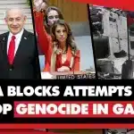 Compilation image showing the West's figureheads, Donald Trump and Benjamin Netanyahu (Left), the UN general assembly (Center) and the carnage in Gaza (Right). Photo: Geopolitical Economy Report.