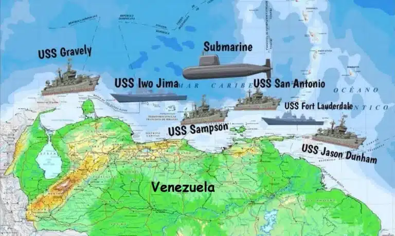 Depiction of US Navy deployment off the coast of Venezuela. Source: @Cecilroja, edited by Orinoco Tribune.