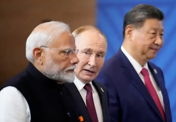 Indian Prime Minister Narendra Modi, Russian President Vladimir Putin, and Chinese President Xi Jinping attend a photo ceremony prior to the BRICS Summit plenary session in Kazan, Russia, in October 2024. Photo: Alexander Zemlianichenko via Reuters/file photo.