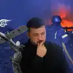 Ukrainian President Volodymyr Zelensky in the backdrop of war scenes. Illustration: Mahdi Rteil/Al-Mayadeen English.