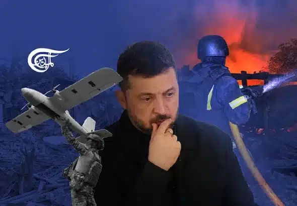 Ukrainian President Volodymyr Zelensky in the backdrop of war scenes. Illustration: Mahdi Rteil/Al-Mayadeen English.